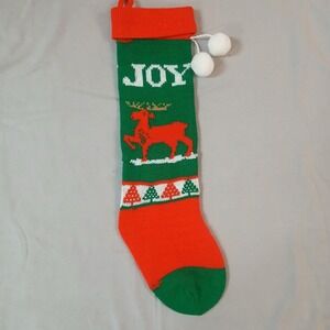 Vtg Knit Christmas Stocking Red Green Joy Reindeer Retro Sweater Yarn Crochet